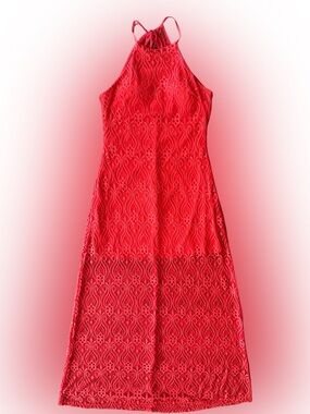 Coral Crochet Lace Halter Maxi Dress